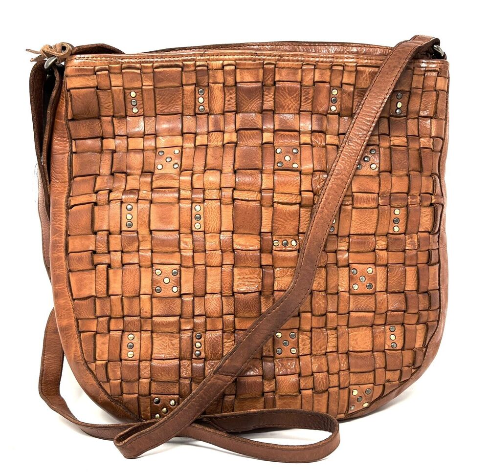 Vilenca Holland Woven Leather Crossbody Bag Cognac Stud Detail NWT